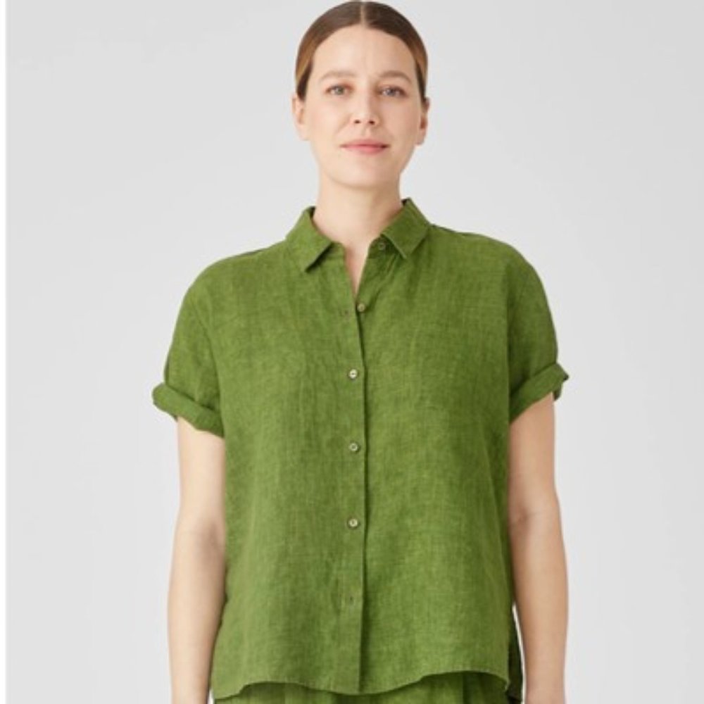Eileen Fisher Women's L Green Cotton Linen Shirt SS Button Down Crop Length